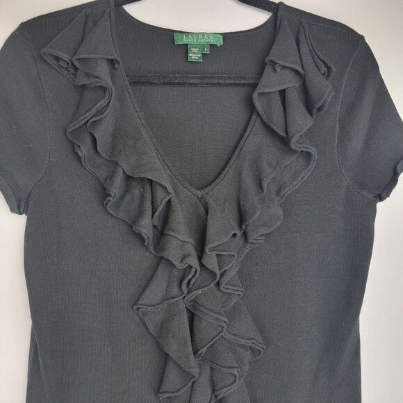 Lauren Ralph Lauren Womens Size Small Black Frills V-Neck Cotton Short Sleeve Bl - Picture 3 of 6